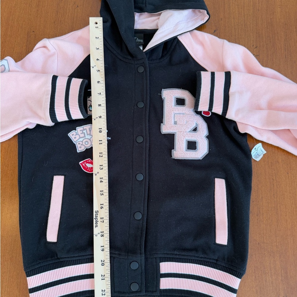 Betty Boop Varsity Letter Jacket with hood + back detail - Black and Pink - Picture 7 of 12